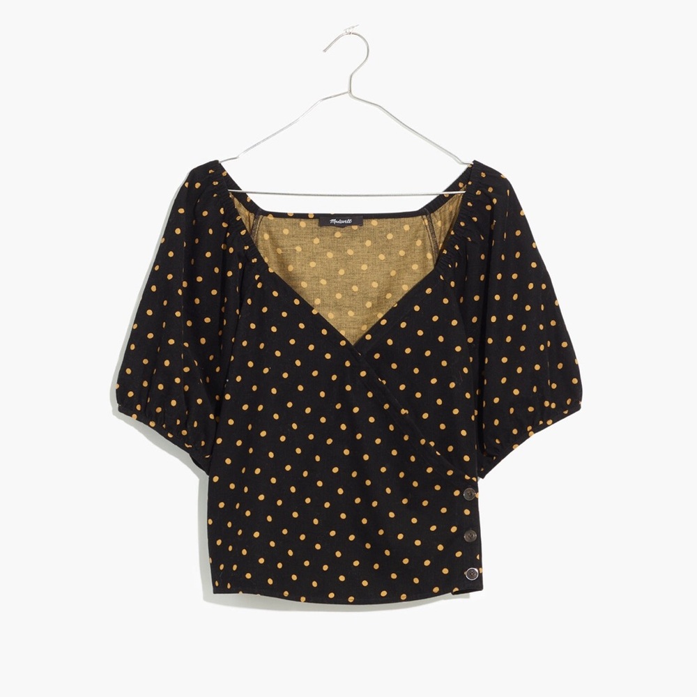 Corduroy Puff-Sleeve Wrap Top in Oval Dot